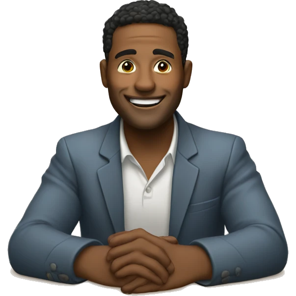 A man with sitting table and there hand on at our face and smiling  emoji