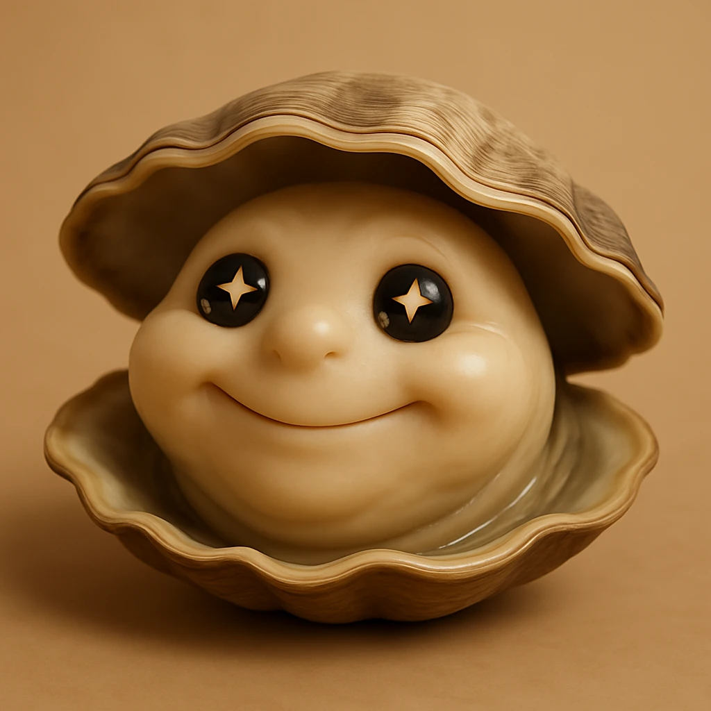 A cute oyster with a dreamy expression, starry eyes, soft smile, in photorealistic style. emoji