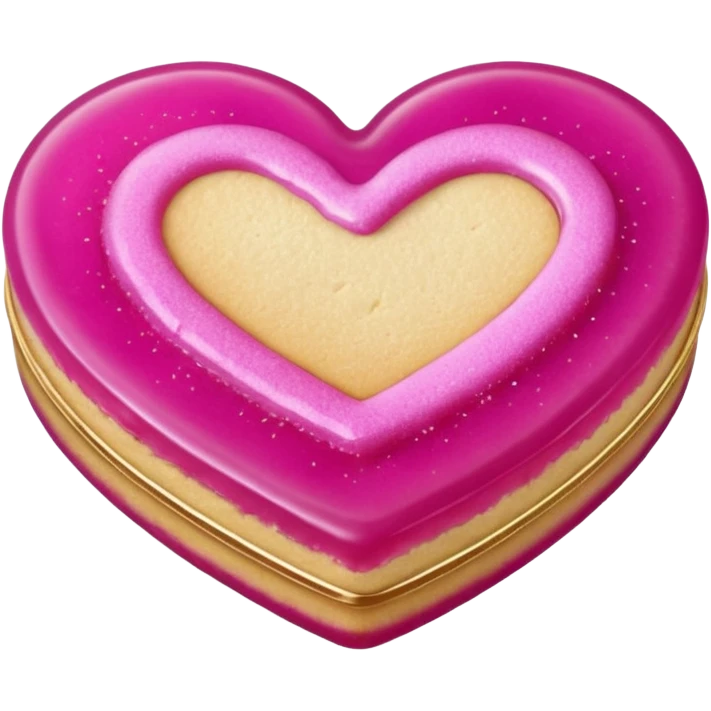 Realistic shortbread cookie in the shape of a heart with Fuchsia color jelly middle filling and sprinkled powder sugar on top. emoji