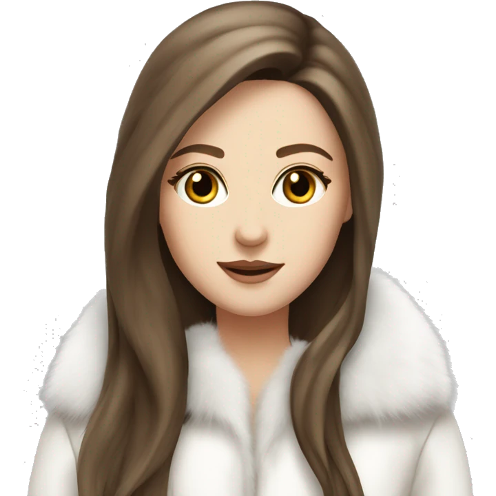 Beautiful white girl with straight brown long hair in white fur-coat emoji