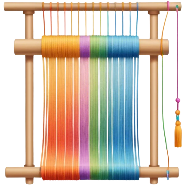 Create an icon that represents the hobby of weaving. The design should include a loom, threads, and a partially woven fabric, along with a piece of colorful fabric and sewing patterns. Include a representation of finished clothing, like a simple shirt or dress, made from the woven fabric. The composition should feel balanced and harmonious, reflecting the creative and intricate process of weaving and sewing. The background should be transparent. emoji