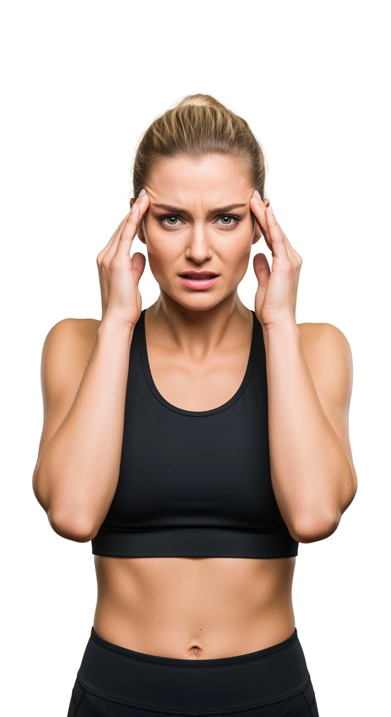 DONNA FITNESS STRESSATA CHE SI TIENE LE DITA SULLE TEMPIE, iperrealistico 4k, ISOLATA SU SFONDO BIANCO emoji
