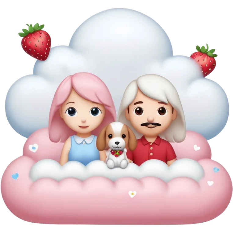 Couple DP in AI emoji style with Cinnamoroll and Snoopy. Both wear strawberry-themed accessories, sitting together on a pastel pink cloud with hearts, sparkles, and strawberries around. Cute, soft, and romantic vibe. emoji