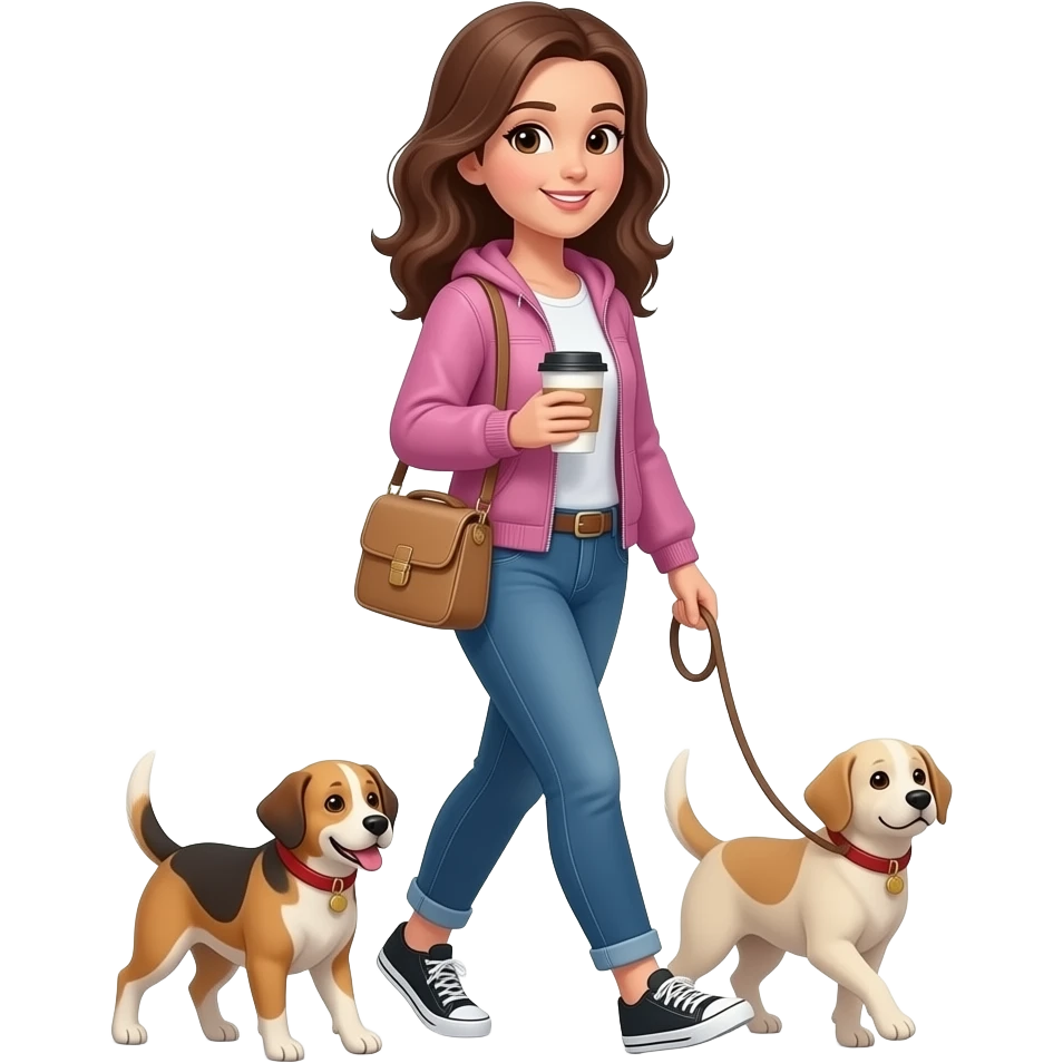 brown haired women walking with coffee and dogs emoji