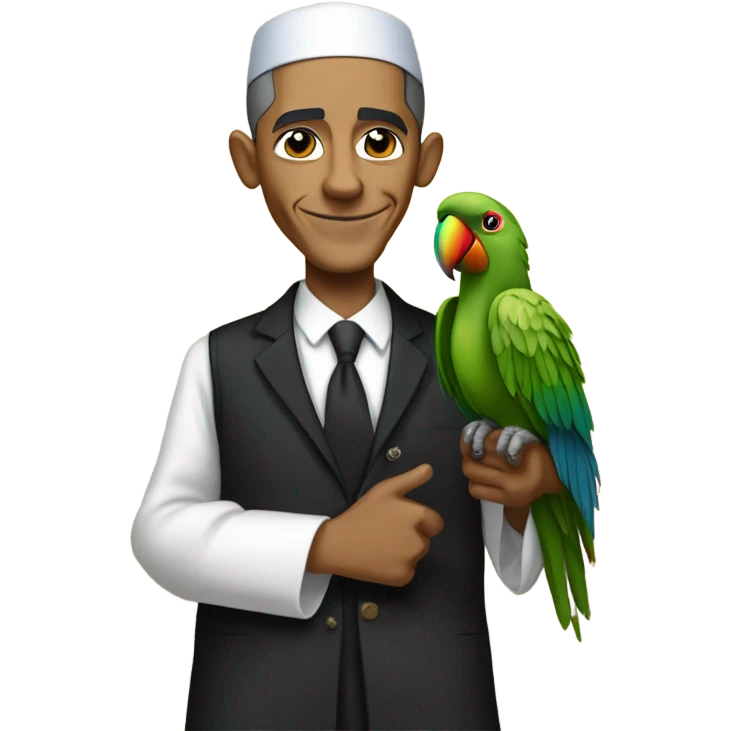 Barack Obama in Jewish orthodox clothing with a parrot on his shoulder and doing a peace sign  emoji