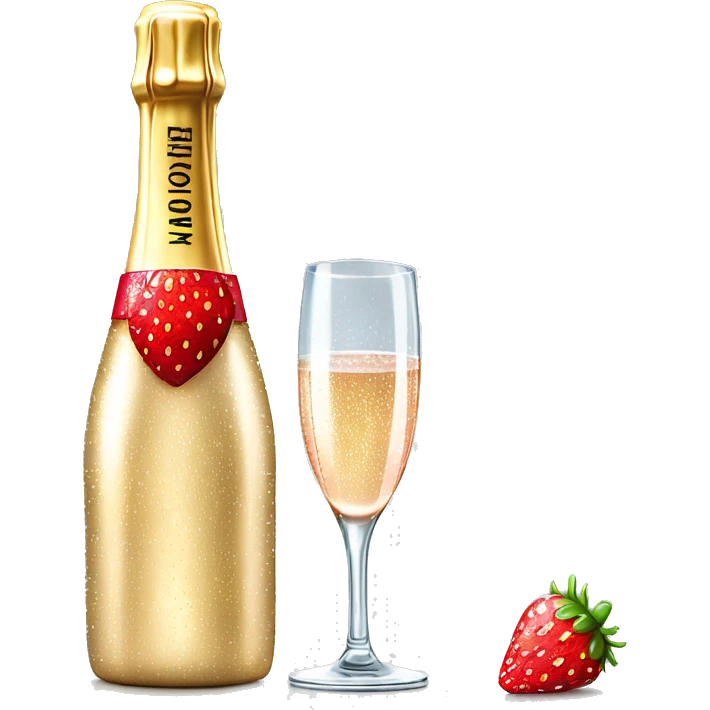 Realistic sparkling diamond glam bottle of champagne with matching skinny glass filled with the champagne with strawberry in the bottle of glass. emoji