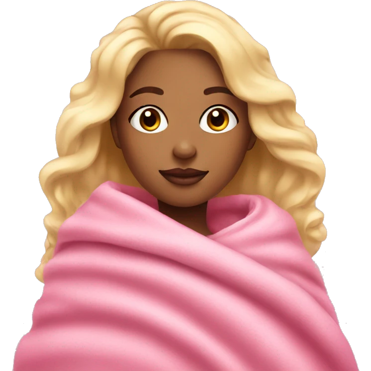 blonde girl with makeup on with a pink blanket around looking cozy emoji
