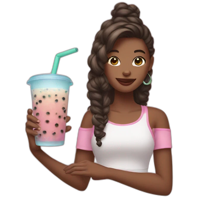 a girl holding an ipad and bubble tea emoji