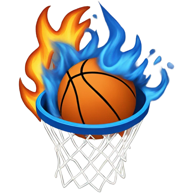 A blue and orange basketball going through the net on fire. emoji