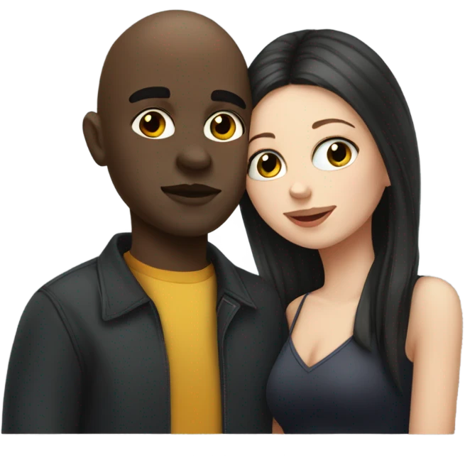 White girl dark hair kissing bald black man emoji
