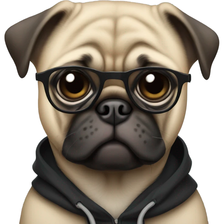 pug wearing a black hoodie and glasses looking sideways emoji