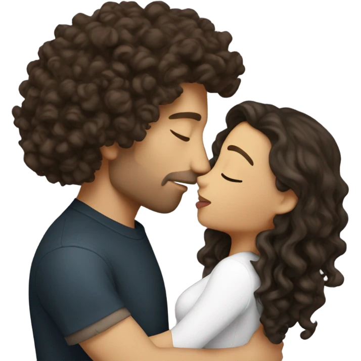 Brunette long curly hair kissing her white man  emoji