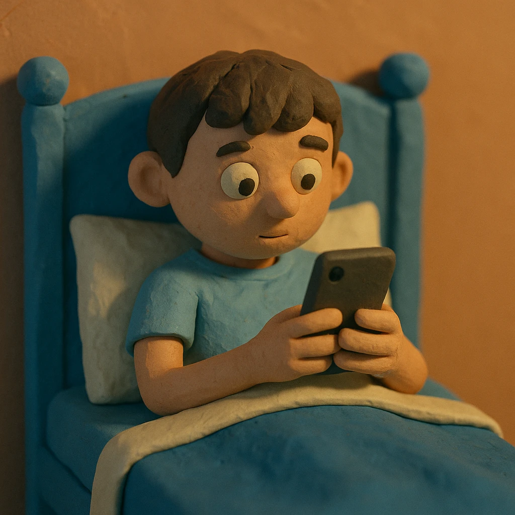 boy in a blue bed, on his phone, wearing a light blue t-shirt emoji