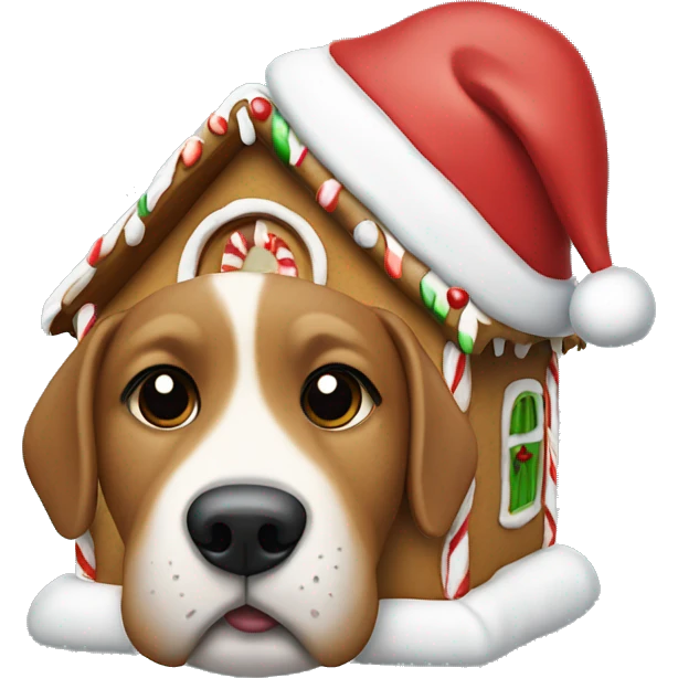 Dog wearing a Santa hat and gingerbread house emoji