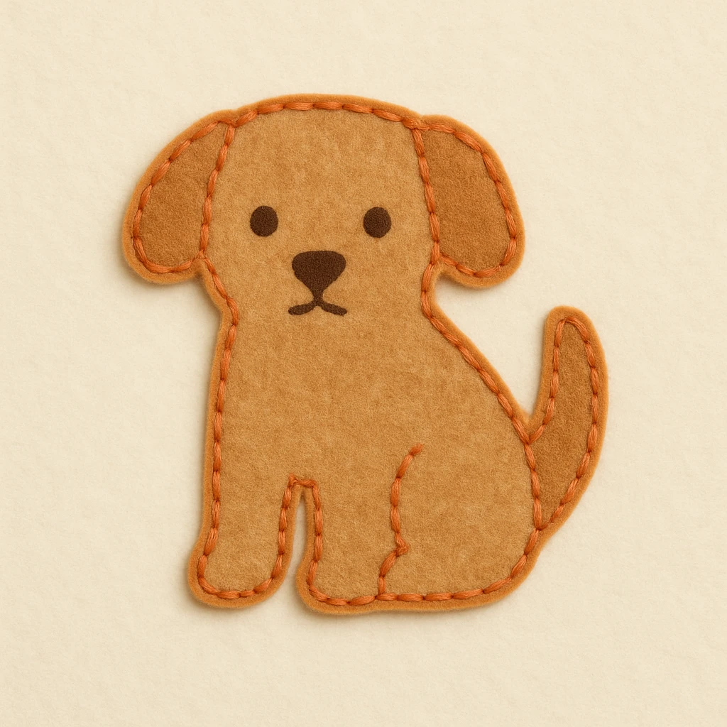 Minimal felt patch of a dog with soft matte felt, muted orange stitched edge, low detail, small round eyes, simple triangle nose, no mouth, warm color palette, flat perspective, off-white background emoji