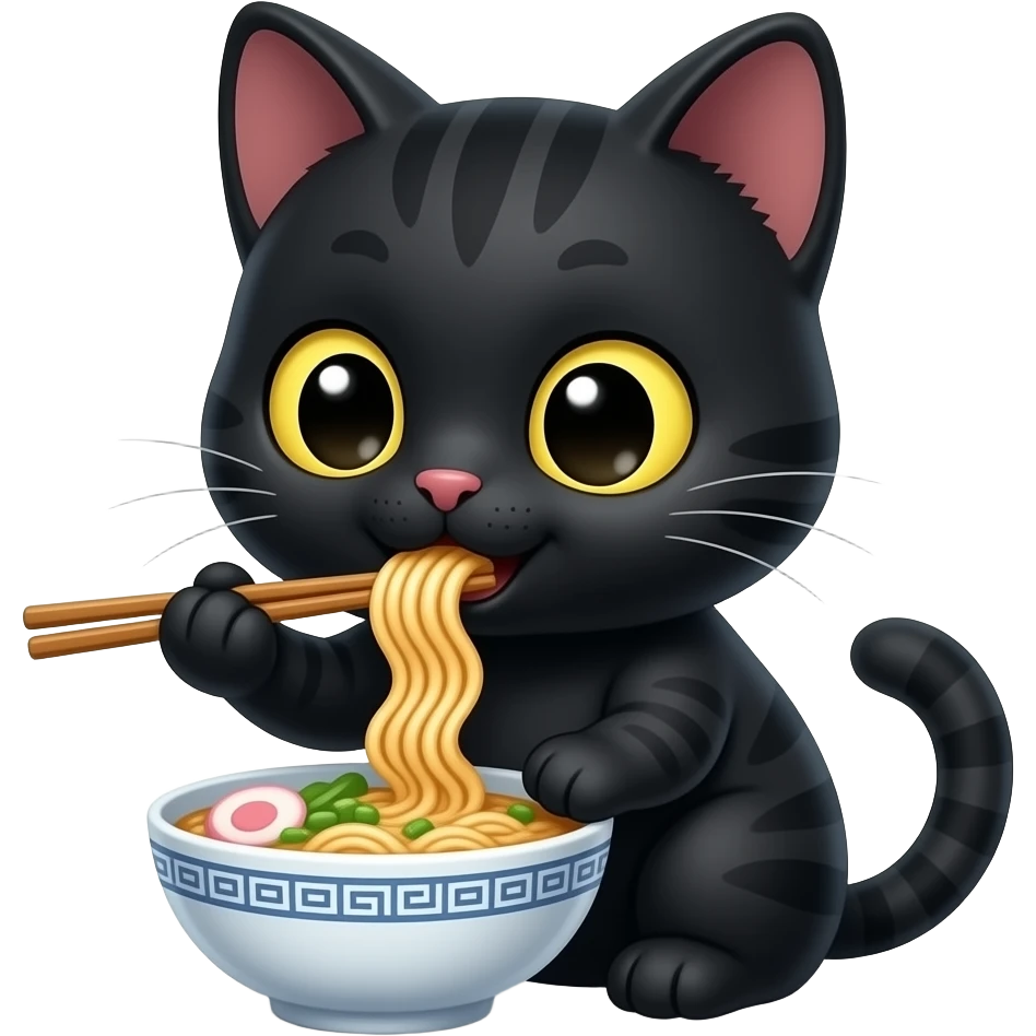 Japanese style baby black cat eating ramen emoji