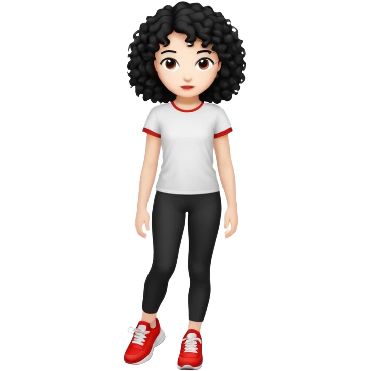 generate a pretty bratz fair skinned girl with curly black hair wearing a white tshirt trekking with red sneakers on and black leggings emoji