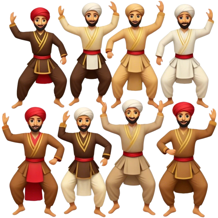 Cinematic Realistic Dabke Dance Emoji, depicted as an energetic traditional Lebanese folk dance with vibrant costumes and rhythmic movements, rendered with dynamic textures and festive natural lighting that captures its communal joy. emoji