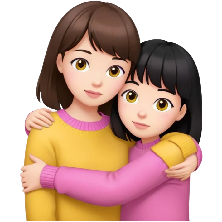 girl in pink sweater with brown hair and bangs hugs girl in yellow sweater with black hair emoji