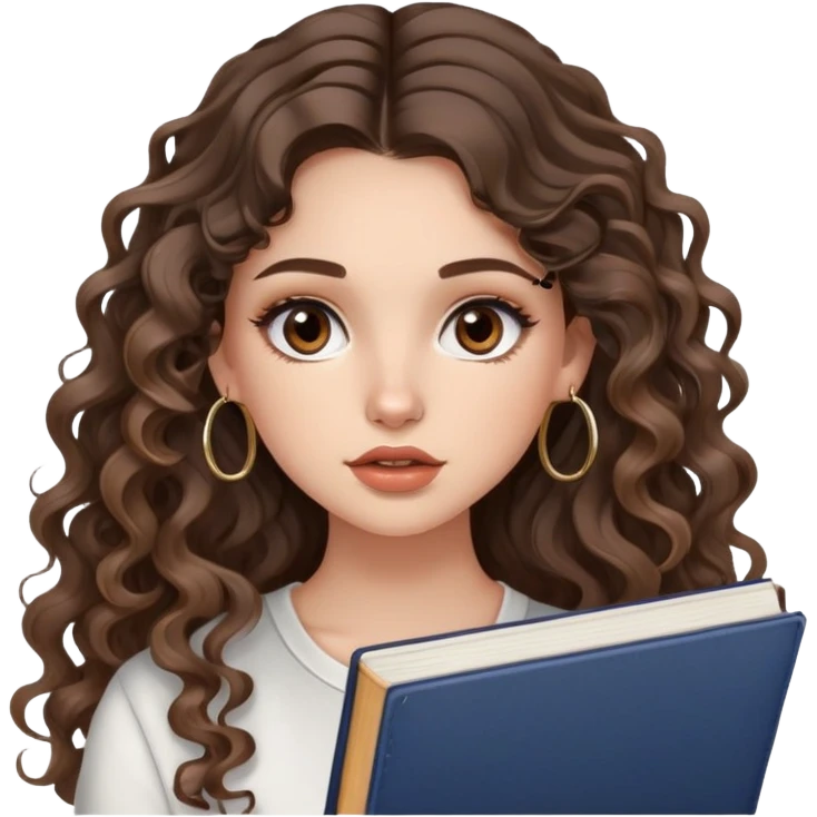 cute girl with not volominous VERY LONG curly/wavy brunette hair with balayage, brown eyes, full lips, natural clean girl makeup and hoop earrings white girl: super desperate studying emoji