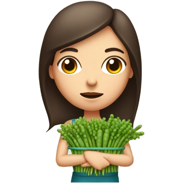 farmer brunette white woman with bunch of peas and carrots in her hands from the garden with gloves on, frowning emoji