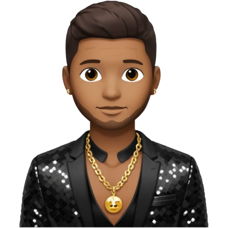 Usher with dark brown hair, black sequin suit jacket, shirtless with necklace emoji