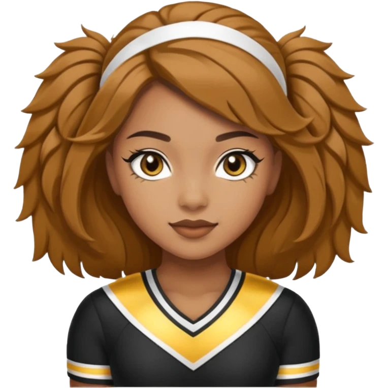 Cheerleader with golden brown skin tone skin, brown eyes, and outfit black and gold emoji