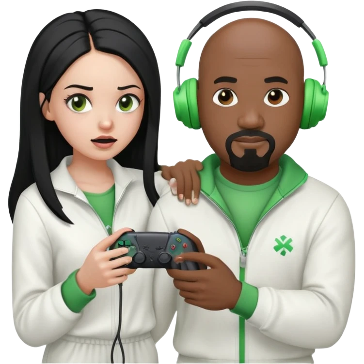 A bald, black man with a goatee wearing a white jump suit, green headphones and holding a ps5 controller being strangled by a mad, young, Hispanic woman with long black hair emoji