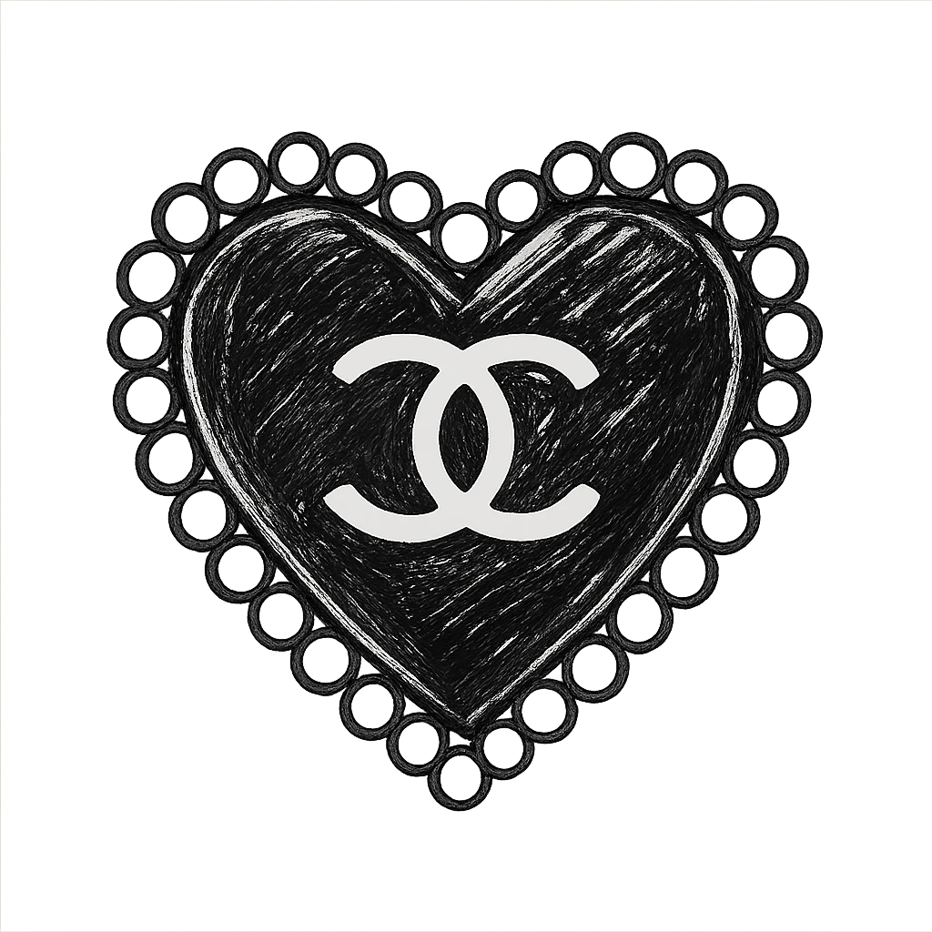 glossy black heart with a string of pearls around it, featuring a silver Chanel logo in the center, elegant, black and white color scheme, hand drawn outline style emoji