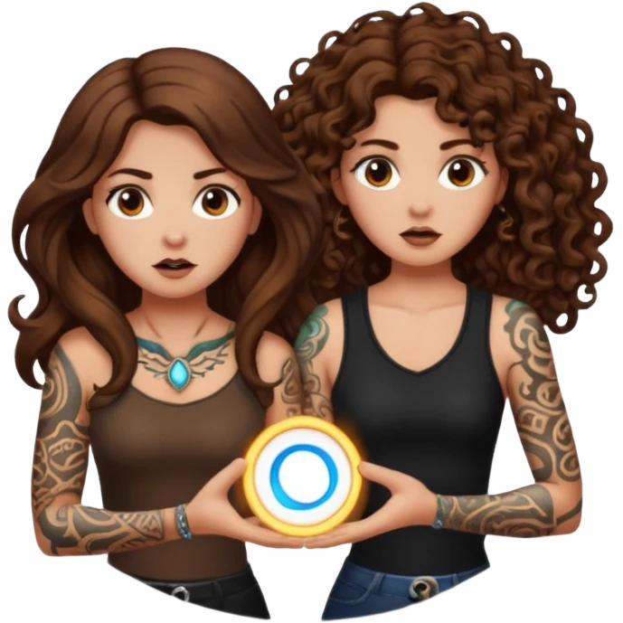 rune trap — long wavy brown hair tattooed woman and short tight curly brown hair woman — startled circle glow emoji