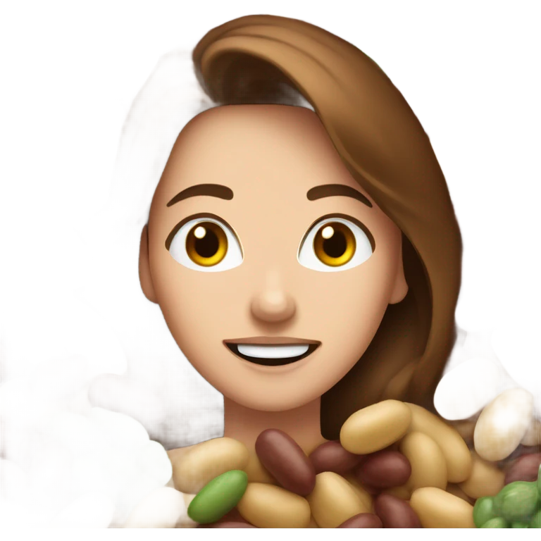 Brown haired woman obsessed with beans emoji