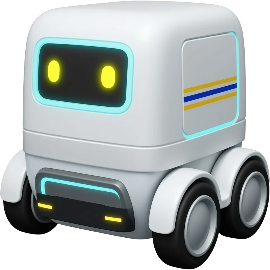 delivery design white square with 6 wheels with yellow led eyes emoji