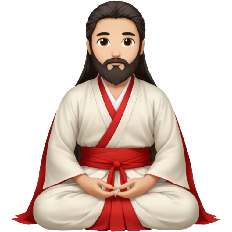 Beautiful man with lightly tan skin and dark long beard, long hair, in white and red Hanfu sitting on the ground emoji