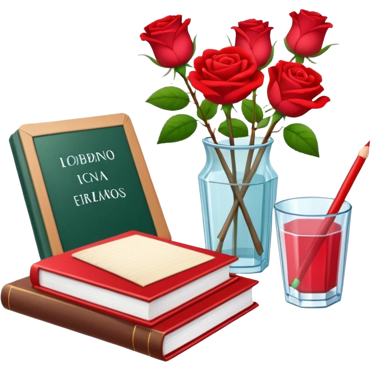 crear pizarra con libros a un lado, cuadernos, lapices, creyones, un vaso de cristal con rosas rojas, estilo vector emoji