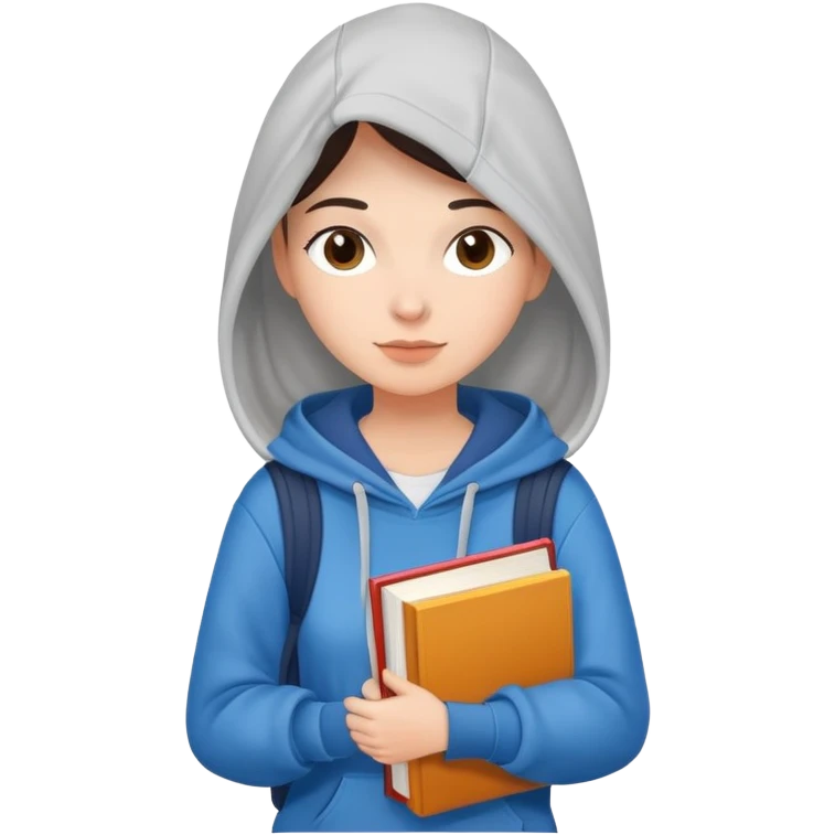 A flat-style illustration of a woman college student with a tote bag over her shoulder and a book in one hand. The student wears a hoodie. Clean cartoon style, white background, iOS emoji aesthetic. emoji