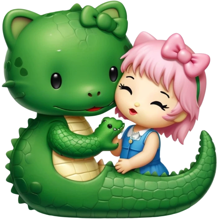 Hello Kitty is kissing a green, cute alligator boy emoji