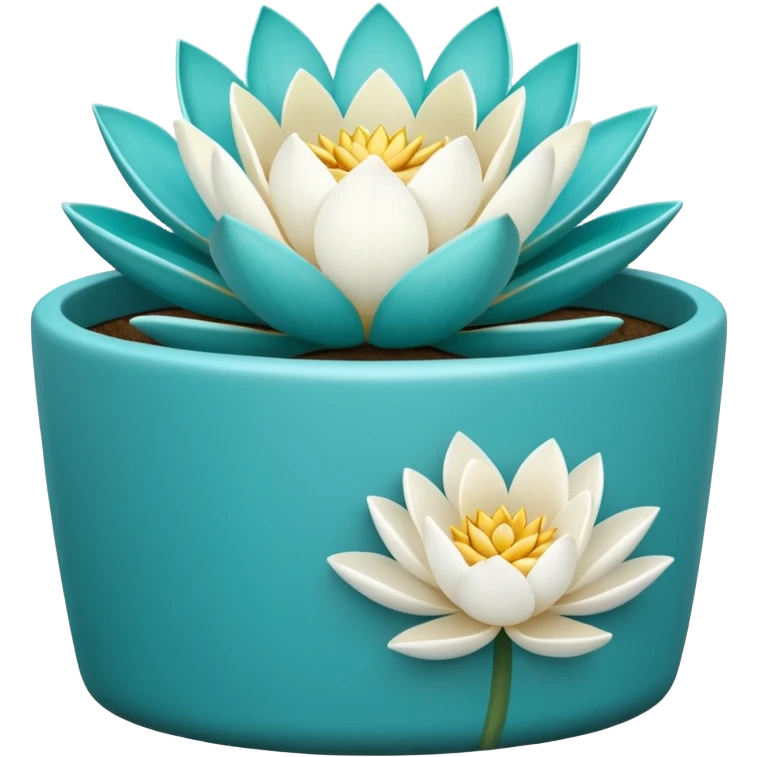 Decorative turquoise planter with a shallow, cylindrical shape and a white lotus flower plant emoji