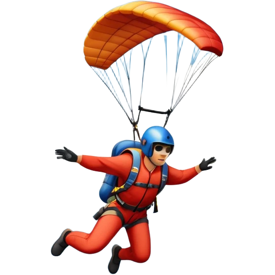 A base jumper soaring through the sky, with a parachute deployed, gliding over a dramatic cliffside or tall building. The background showcases a vast landscape below, with clouds and open skies, emphasizing the adrenaline and freedom of the sport emoji