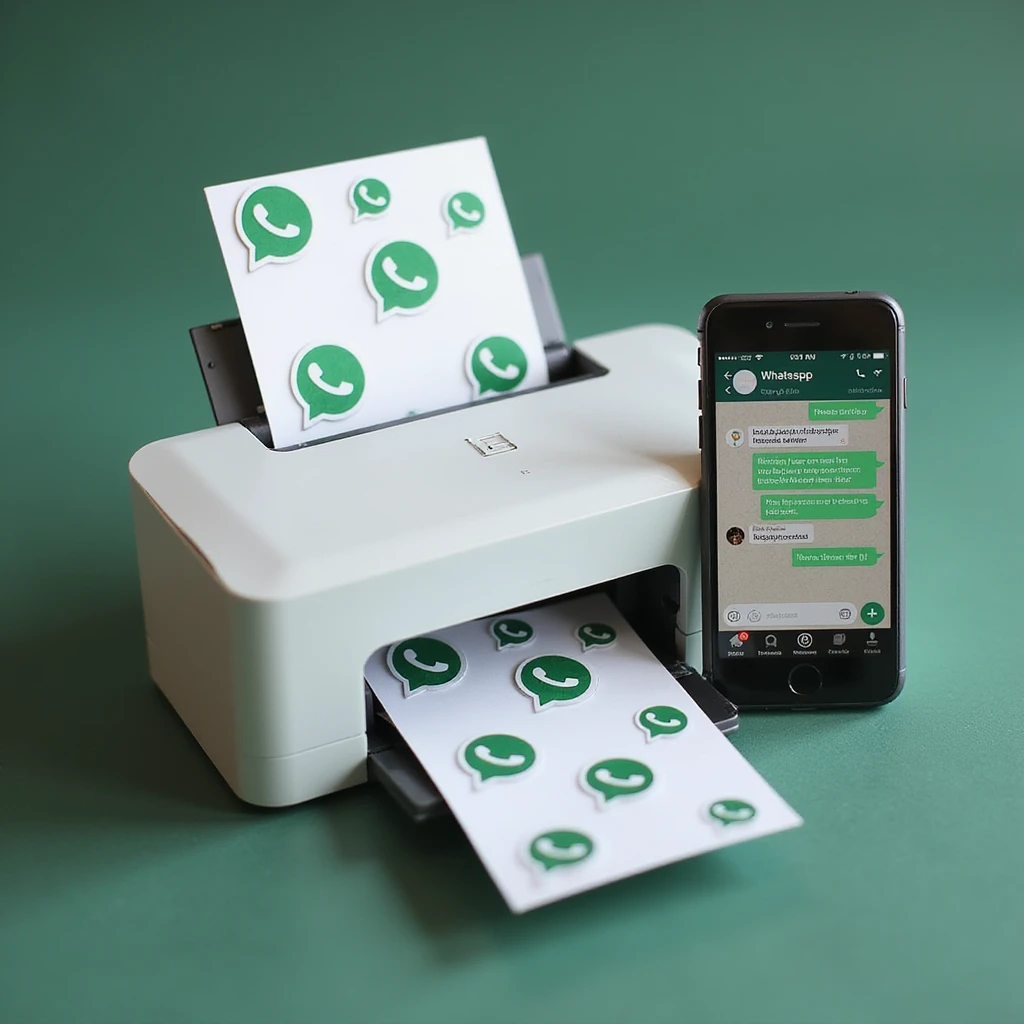 realistic thumbnail for a WhatsApp print out service, showing a printer with multiple sheets of paper covered in WhatsApp chat bubbles, and a smartphone displaying a WhatsApp conversation emoji