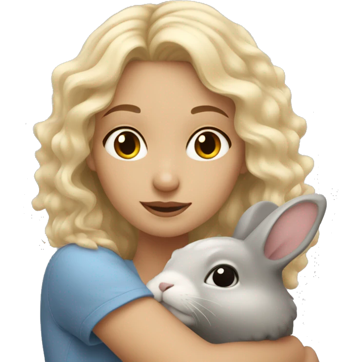 Blond wavy hair girl cuddling a grey rabbit emoji
