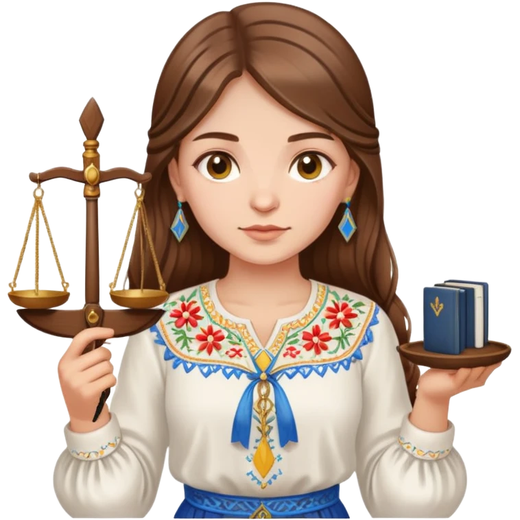Ukrainian girl with brown hair wearing traditional embroidered shirt (vyshyvanka) holding scales of justice in her hand emoji