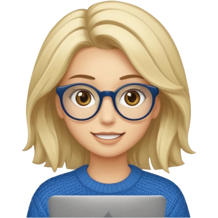 ragazza bionda sorridente con capelli lunghissimi, con occhiali tartarugati, occhi azzurri, con maglione beige, seduta alla scrivania che lavora al pc emoji
