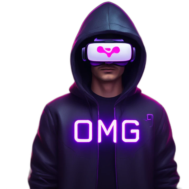 Russian man wearing a black hoodie with "OMG" letters on it and VR headset in a cyberpunk VR environment with violet neon lighting. emoji