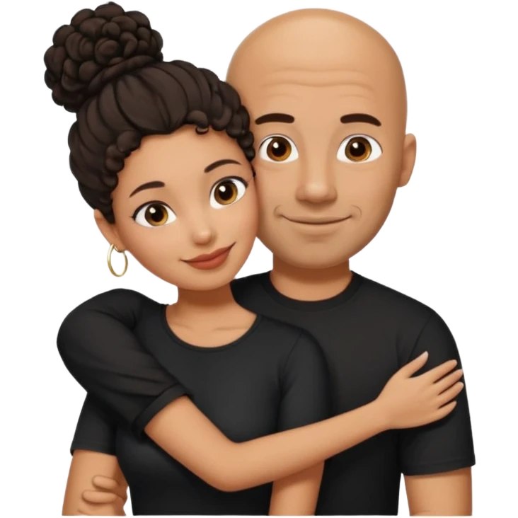A picture of a tanned couple embracing. the man is a Mexican man with tanned skin, a bald hair cut, short beard and wearing a black shirt. the woman is mixed, with curly dark brown hair in a big messy bun and with big boobs  emoji