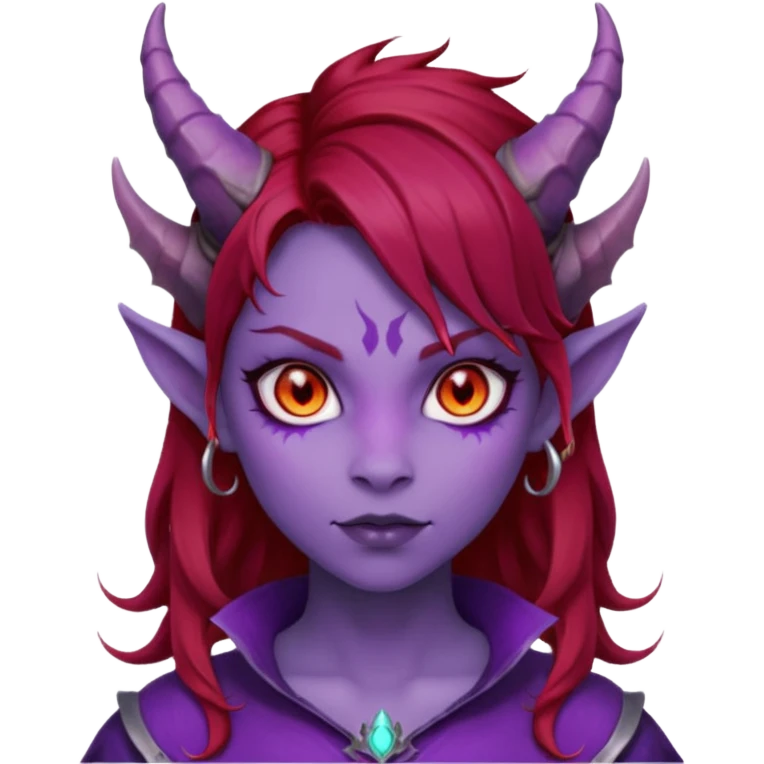 Demon Girl Purple Skin Dragon Horns Black Eyes Red Glowing Pupils Auburn Haired Red Shirt  emoji