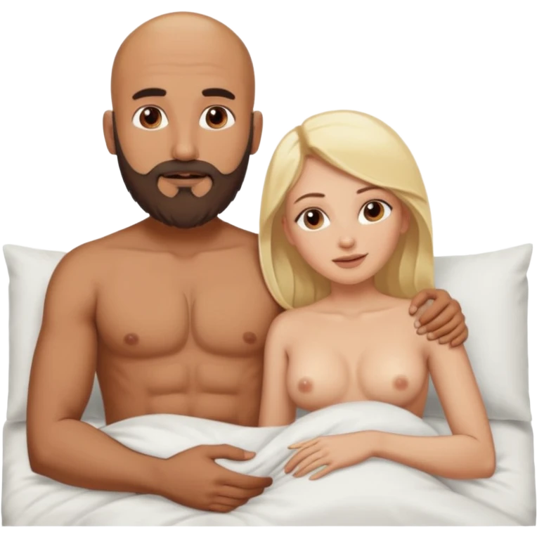 Fully Naked Indian bald man with a beard in bed with naked blonde fit woman emoji