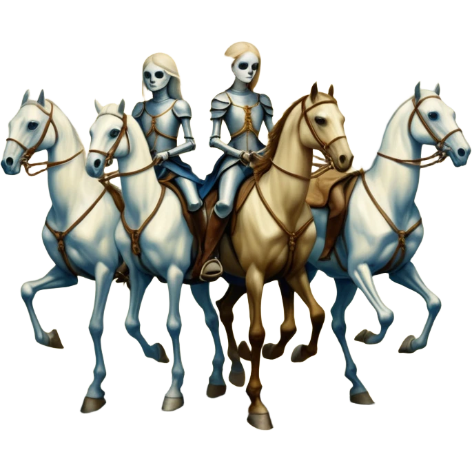 aesthetic brilliant radiant divine lighting, oil paint - ivory Four thin women as riders of the Apocalypse, after a graphic by Albrecht Dürer in a desolate landscape on horse skeletons emoji