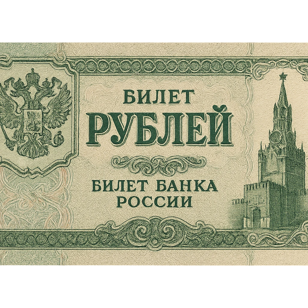 a detailed Russian ruble banknote, showing Cyrillic text and ornate patterns, no specific denomination, focus on recognizable Russian currency features, no background emoji