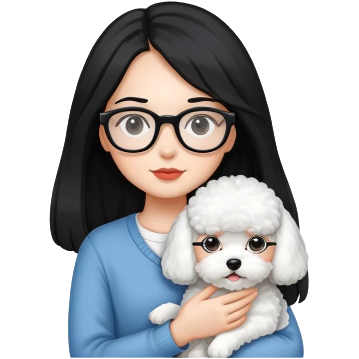 A girl with long black hair and glasses holding a bichon and a white devon emoji