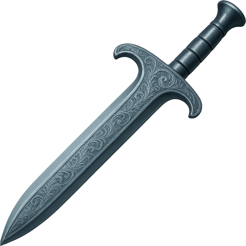 Recolor this weapon to match the blueish-gray steel color and ornate engravings of the reference helmet. Emphasize the cool metallic finish and detailed engravings, matching the helmet exactly. Transparent background. The style should reflect a cool metallic look with detailed engravings as seen in the helmet reference. emoji